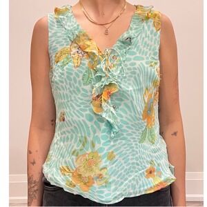 Y2K Silk Sheer Aqua Floral Ruffle Tank Top | Fairycore Boho Beaded